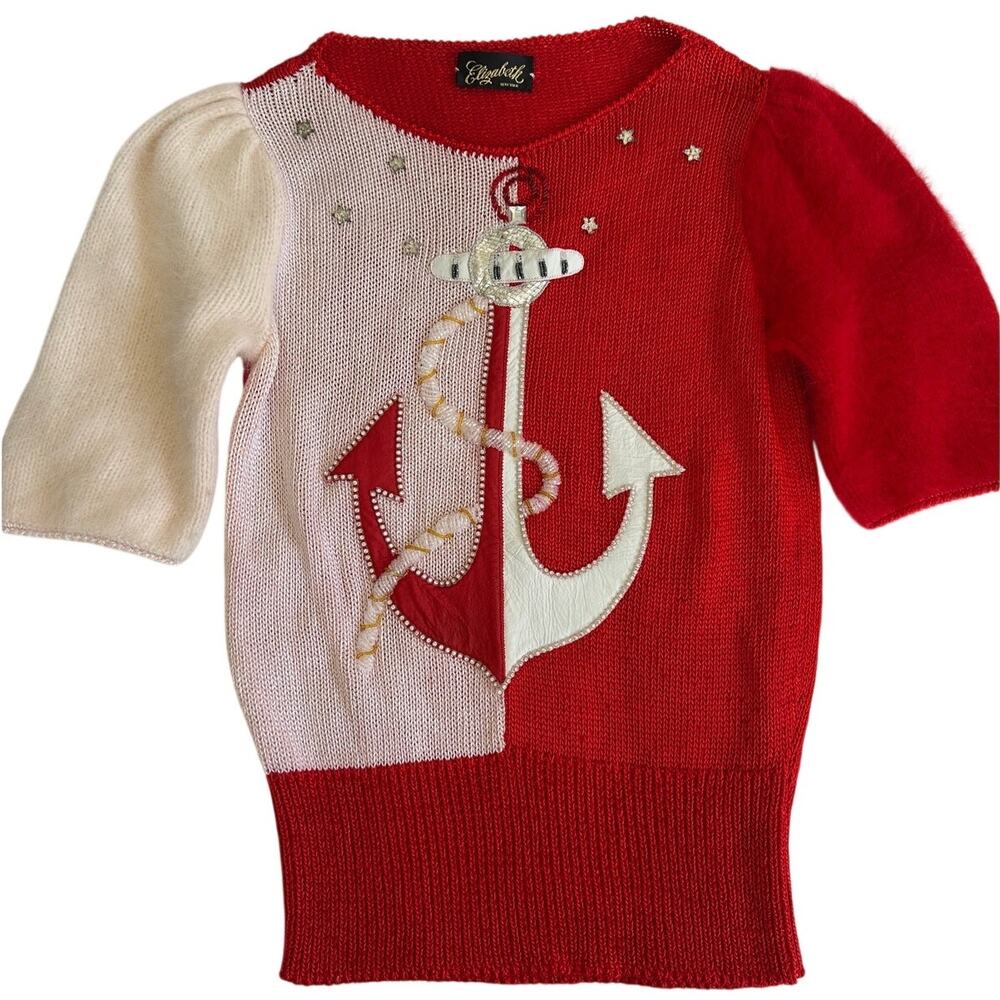 Vintage Elizabeth Anchor Nautical Sweater Red White Fuzzy Sleeve Preppy Y2K